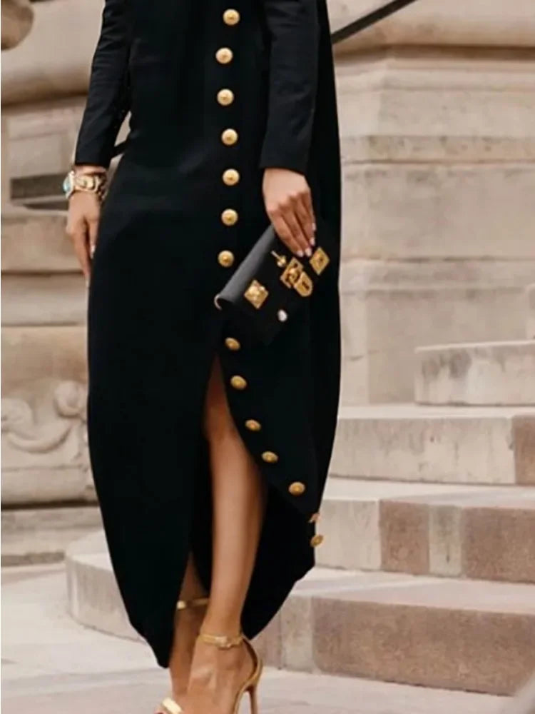 Yeezzi Women's Fashion Buttoned Split-Side High Neck Evening Black Dress 2025 New Long Sleeves Loose Urban Office Maxi Dresses