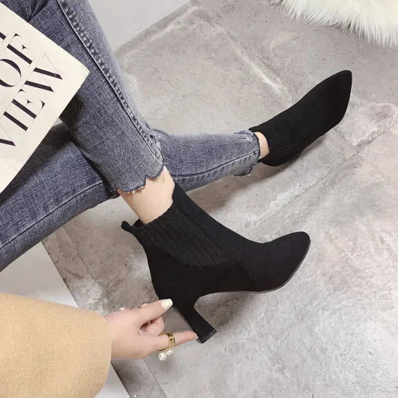 Ankle Boots Women 2024 Autumn Pointed Toe Knitted Warm Elastic Women's Shoes Casual High Heels Platform Boots Botas De Mujer