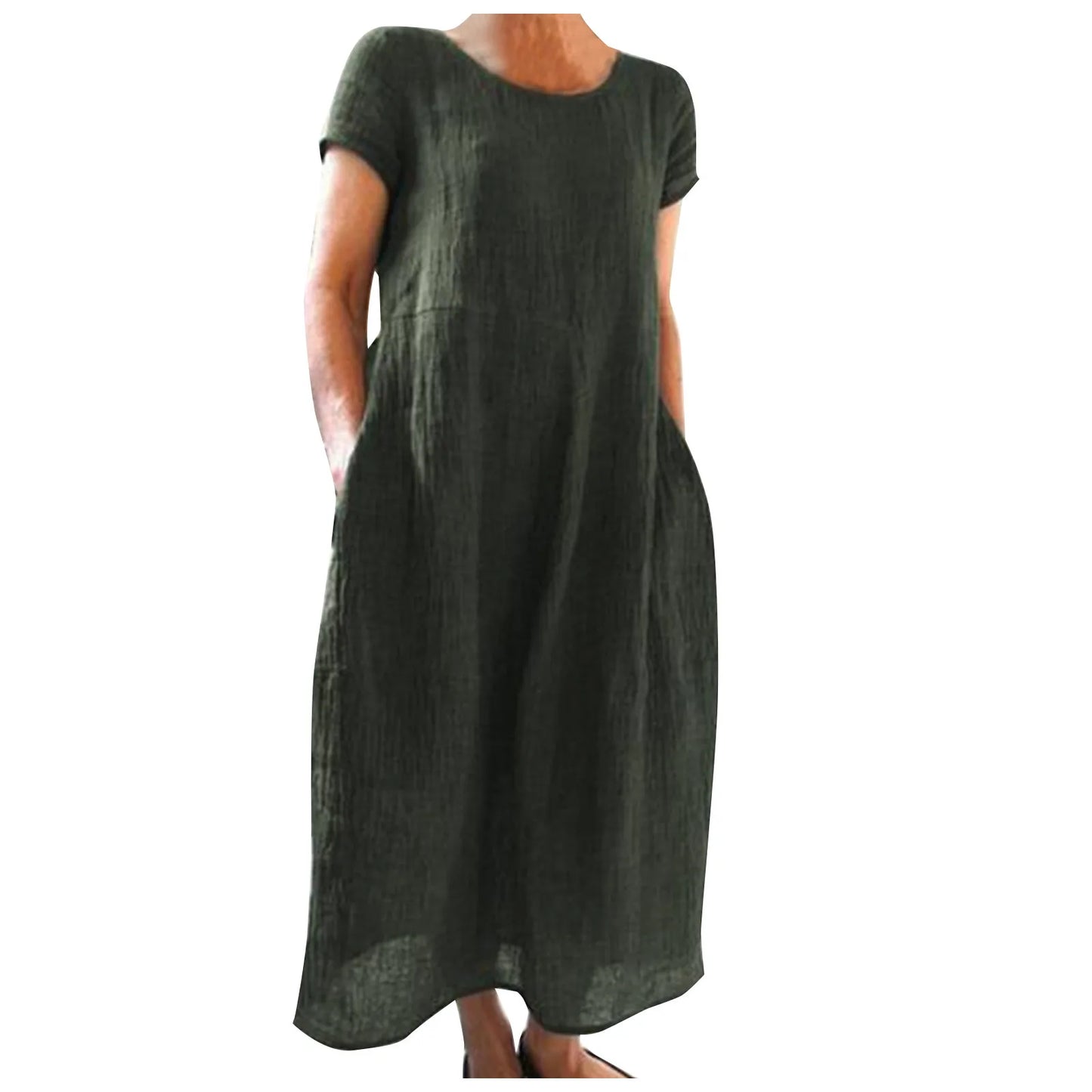 Spring Summer Woman Long Dress Office Lady Fshion Casual Loose Solid O-neck Short Sleeve Dresses For Women 2024 Female Robe