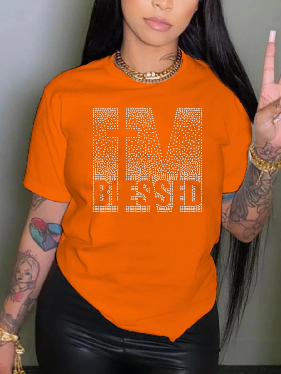LW Women's Plus Size T-Shirts Letter Graphic Short Sleeve T-shirt Tee Women Casual Rhinestone Decor Tops Summer Women's Clothing