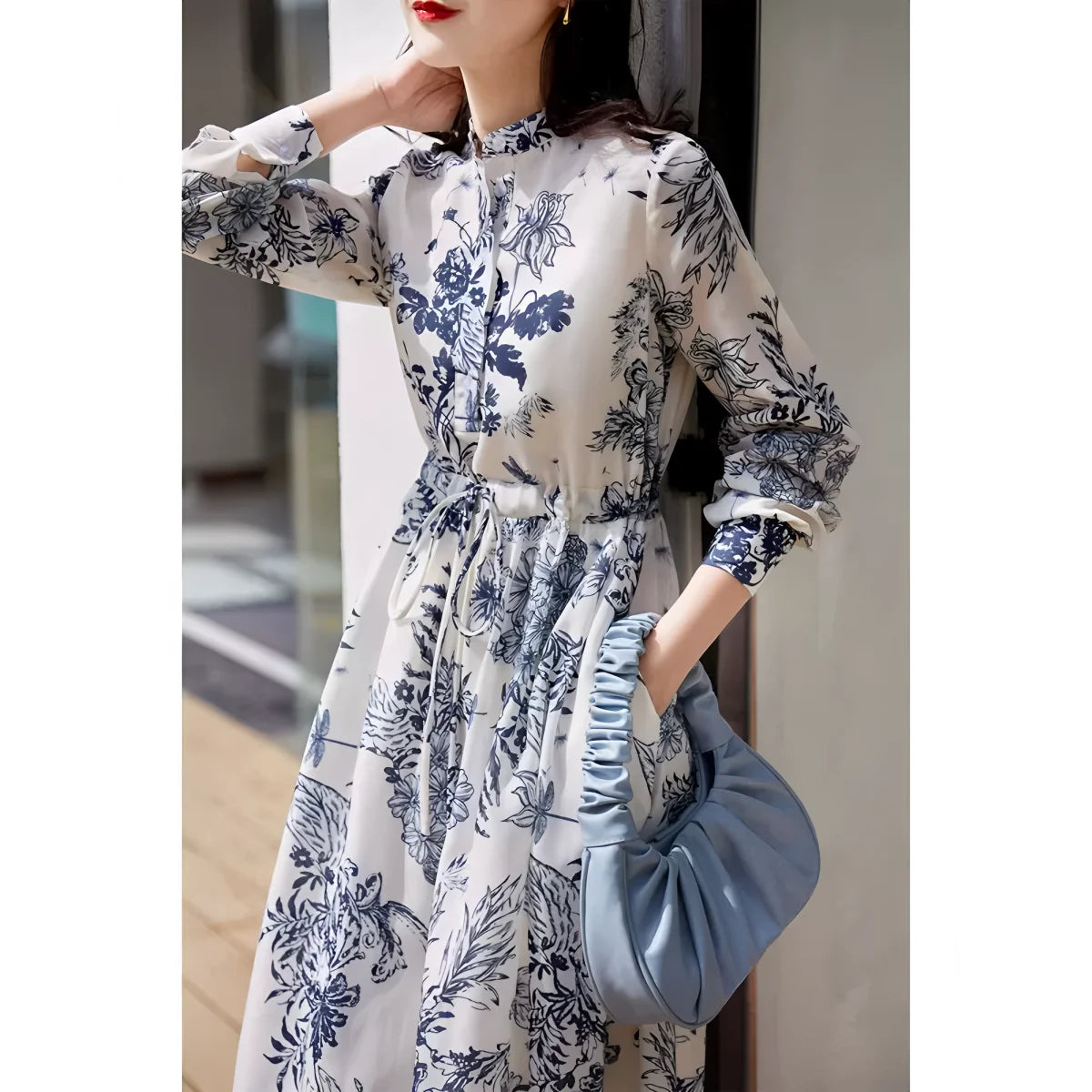 Women's spring and fall vintage print dress interpretation of elegant temperament lace-up slim French long sleeve long skirt