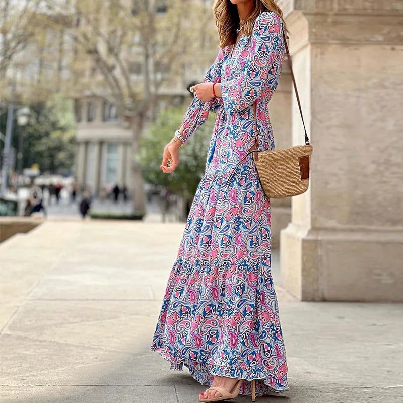 Elegant Women's Flower Long Dresses 2024 Spring New Bohemian Printed Dress Abıye Kadın Abiye Платье Robe Ete Femme Vestidos