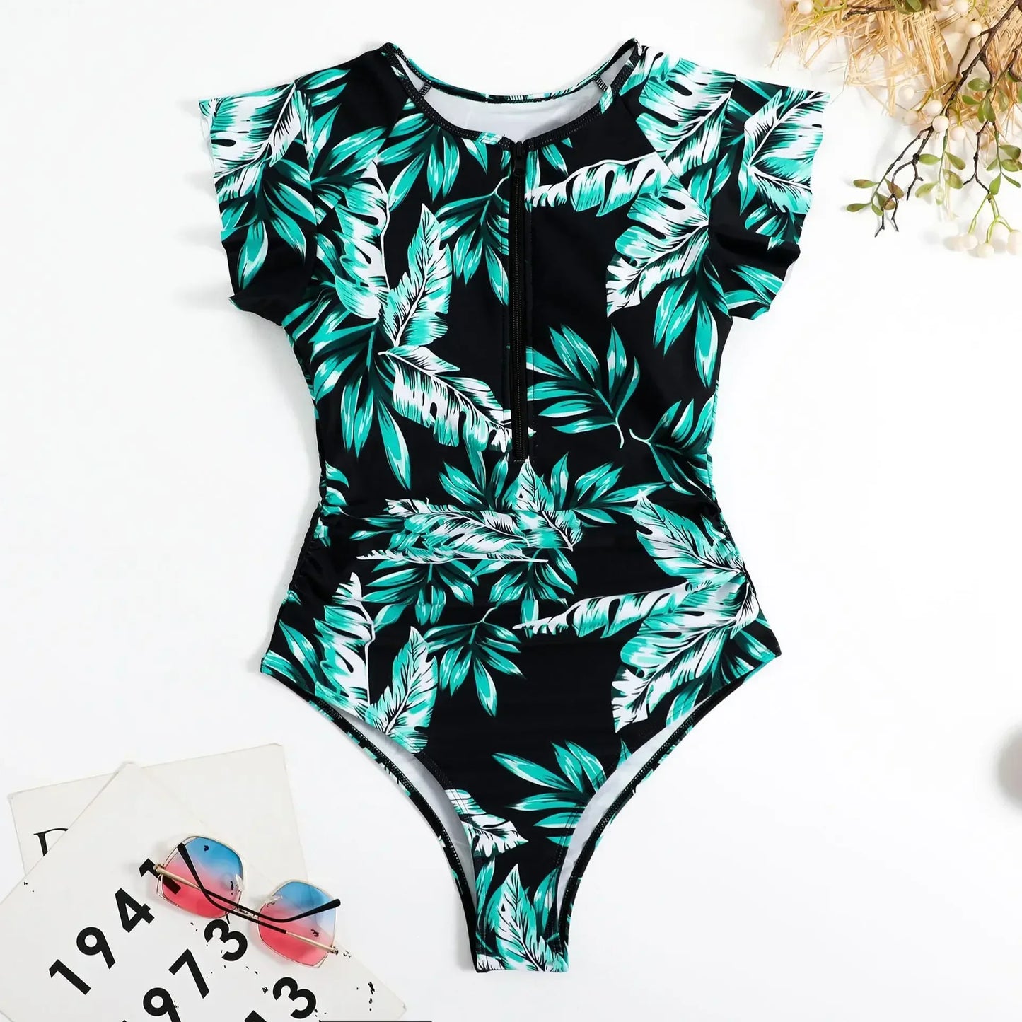 2024 Fashion Short Dress One-piece Swimsuit Zipper Swimsuit Sexy Bikini Women's Thickened Printed Swimming Beach Wear Summer