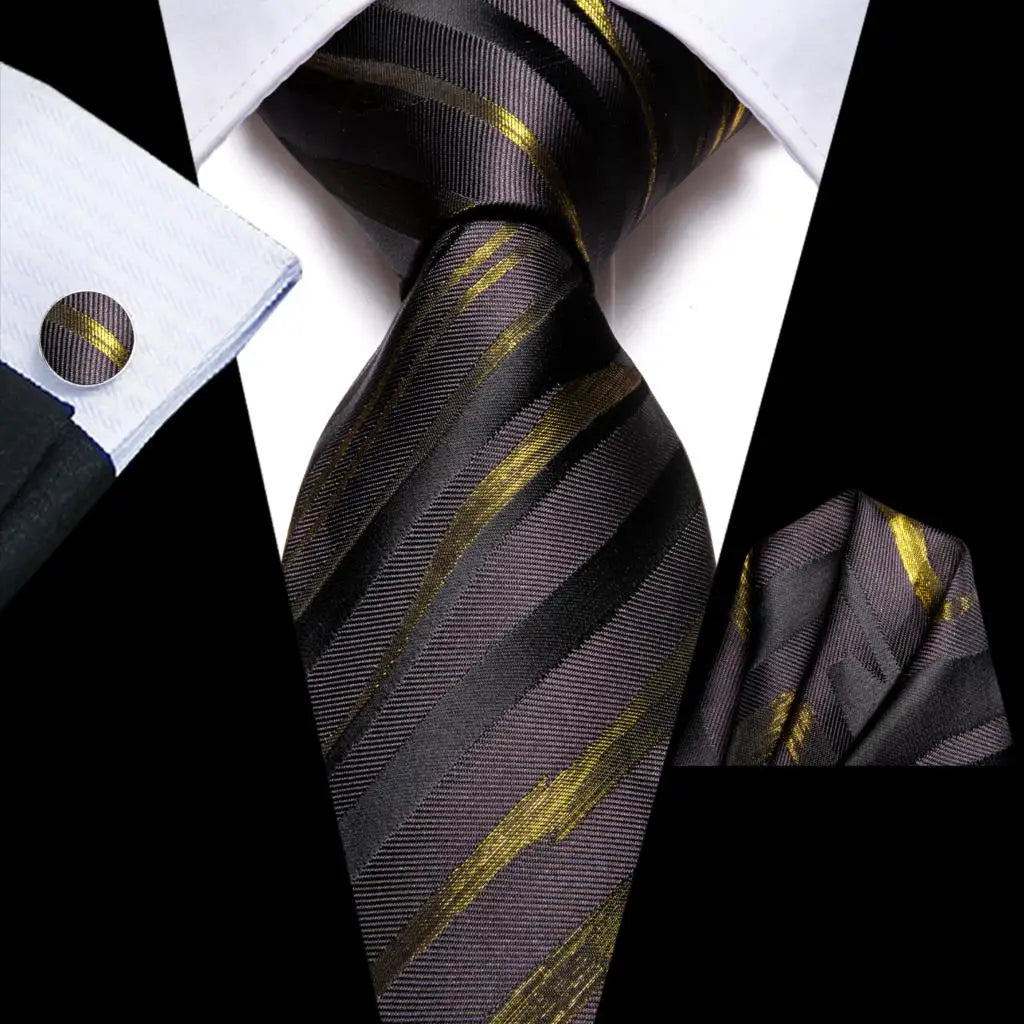 Hi-Tie Psialey Black Gold Silk Elegant Tie For Men Groom Wedding Men Necktie Pocket Square Cufflink Accessory Wholesale Designer