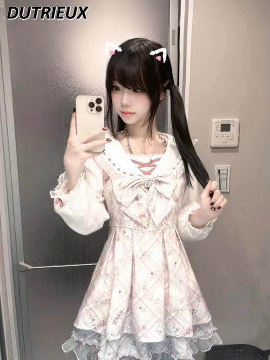 Spring Summer Pink Cute Casual Long Sleece Dresses for Women Bow Printed Bear Navy Collar Princess Dress Waist Pleated