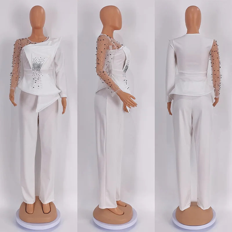 CM.YAYA Vintage Women Beading Mesh Patchwork Ruffles Fan-shaped Blazer Tops and Pants Suit Two 2 Piece Set Outfits Tracksuit