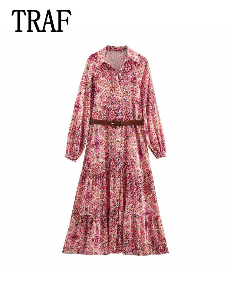 Womens Dresses Flower Print Elegant Long Dress Spring 2025 New Midi Dress Women Long Sleeve Evening Party Dresses