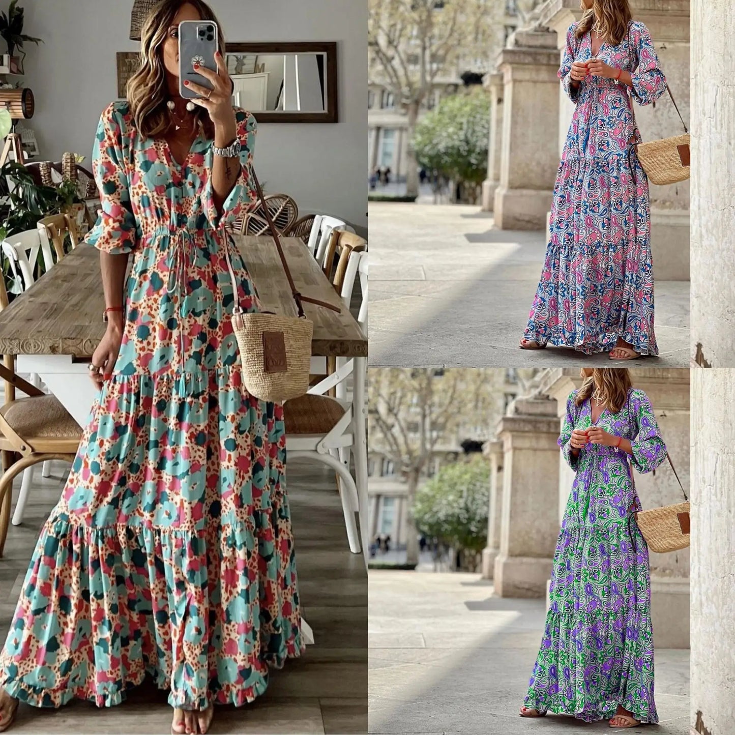 Elegant Women's Flower Long Dresses 2024 Spring New Bohemian Printed Dress Abıye Kadın Abiye Платье Robe Ete Femme Vestidos