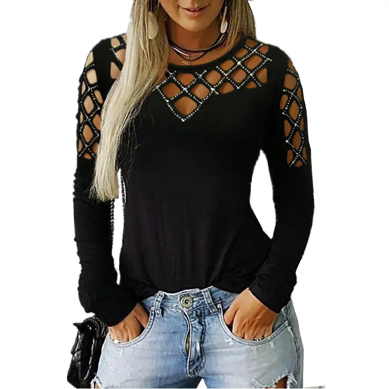 Autumn Winter New Women's Fashion Solid Color Hollow Diamond Splicing Long Sleeve T-shirt Casual Comfortable Top For Women