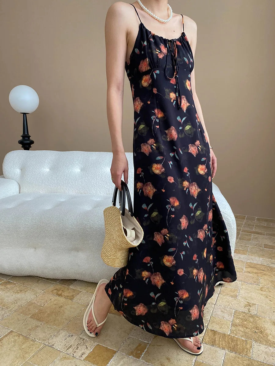 Spring and summer women's casual flower print slim fit suspender dress