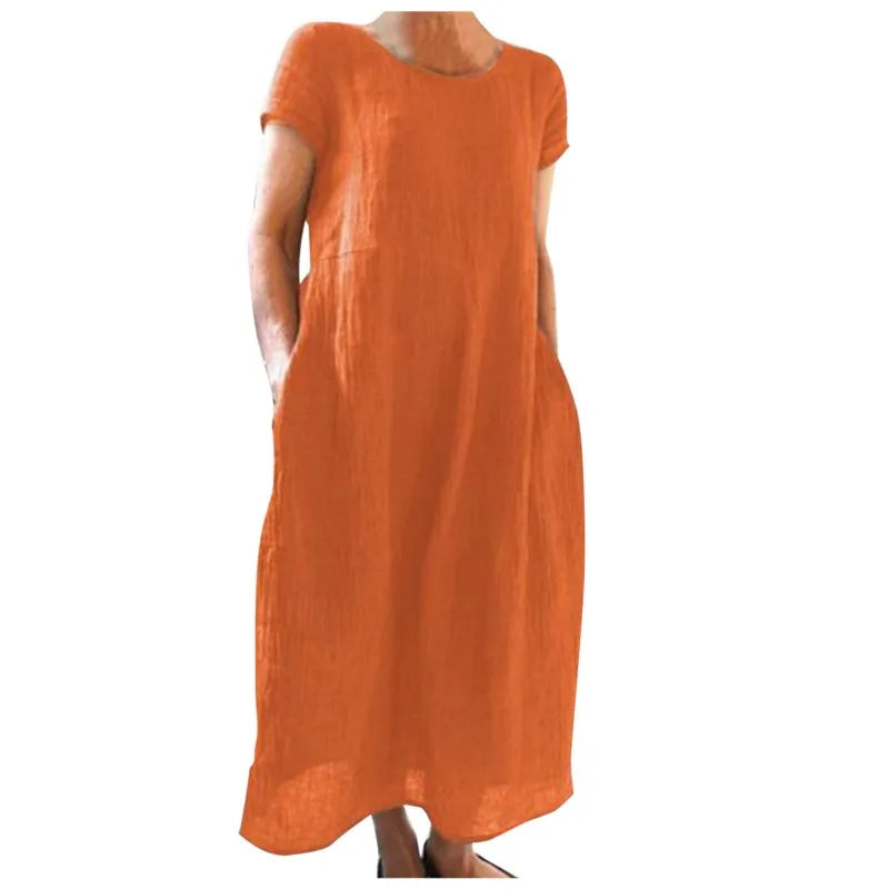 Spring Summer Woman Long Dress Office Lady Fshion Casual Loose Solid O-neck Short Sleeve Dresses For Women 2024 Female Robe
