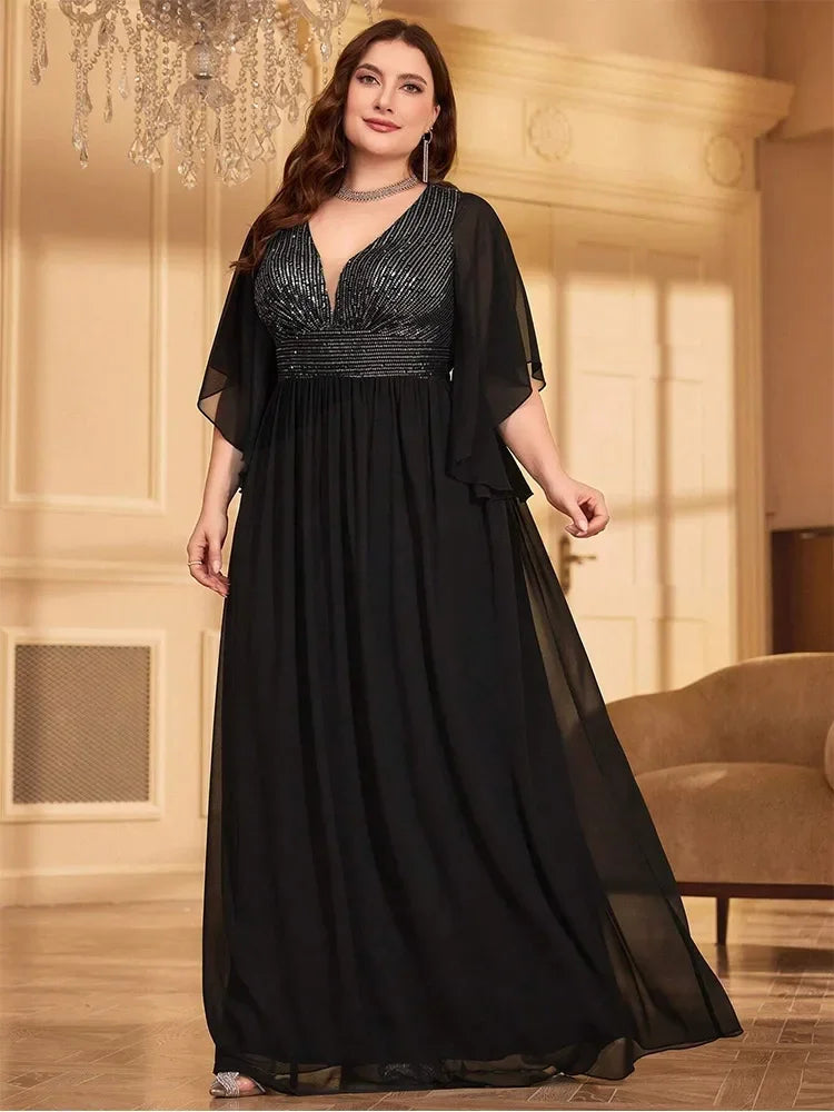 Plus Size V-Neck Black Short-Sleeved Chiffon Summer Evening Dress Bigsize Black Chiffon Floor-Length Bridesmaid Evening Dress