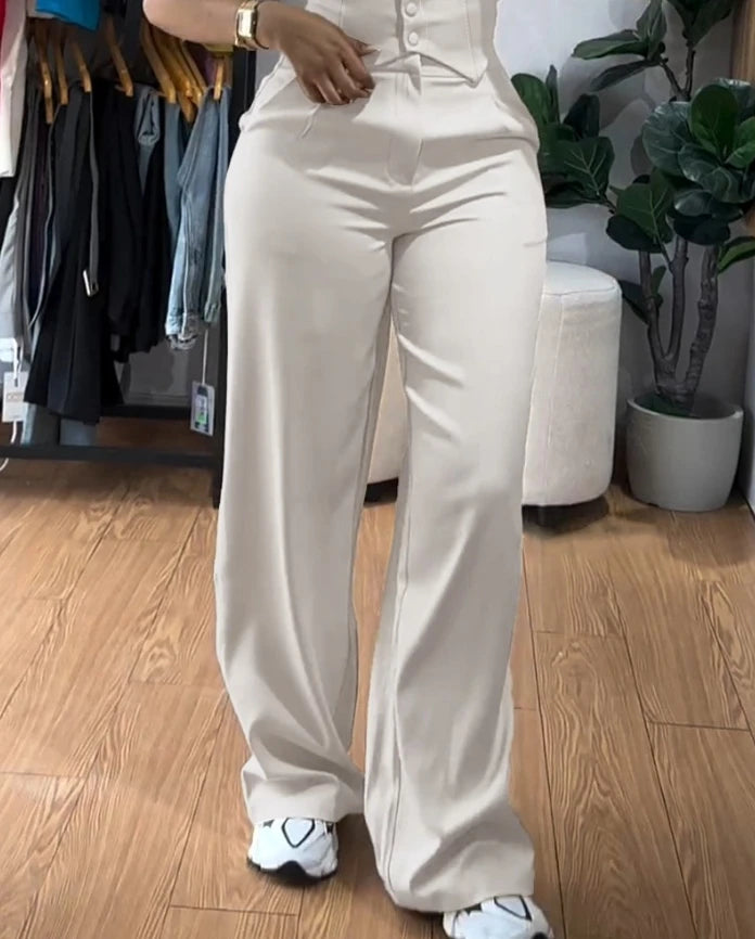 Women's Sexy Suits 2025 Spring Summer Latest 2 Piece Thick Strap Button Front Slim Fit Tank Top High Waist Wide Leg Pants Set
