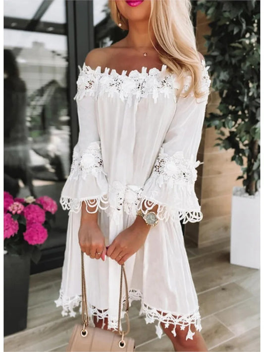 Spring Autumn New Women Sexy Strapless One Shoulder Solid Color Dinner Dresses Fashion Lace Lace Casual Loose Party White Dress