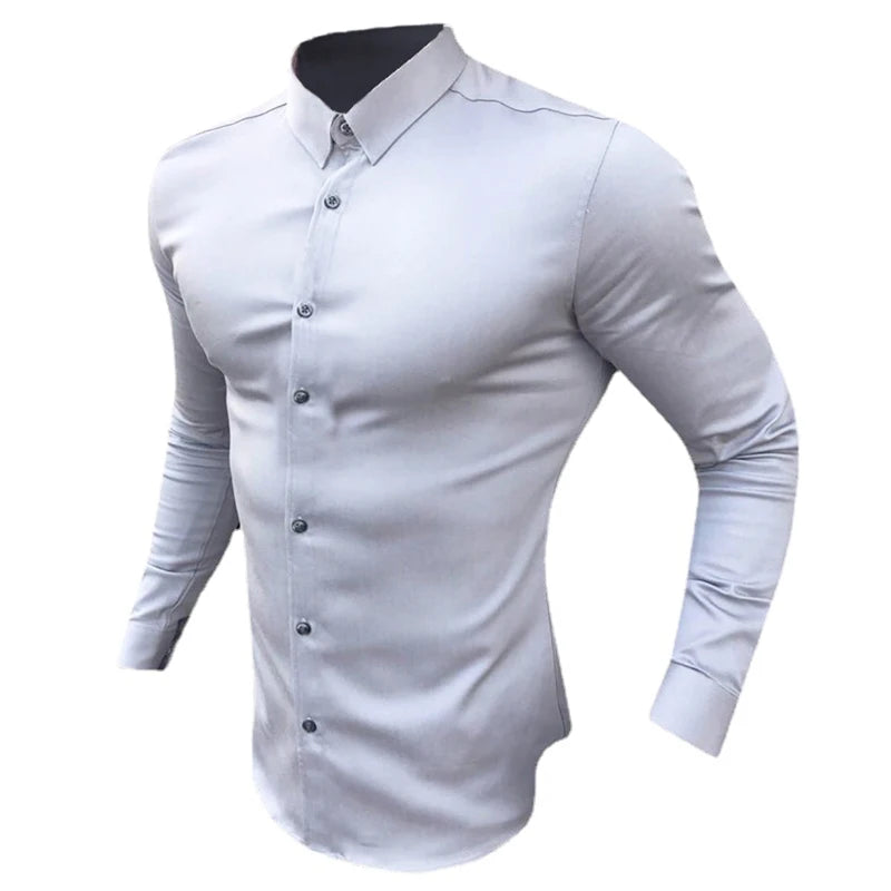 Spring Autumn New Fashion Long Sleeve Shirt Mens Super Slim Fit Luxury Classic Turn-down Single Breasted Business Dress Shirt