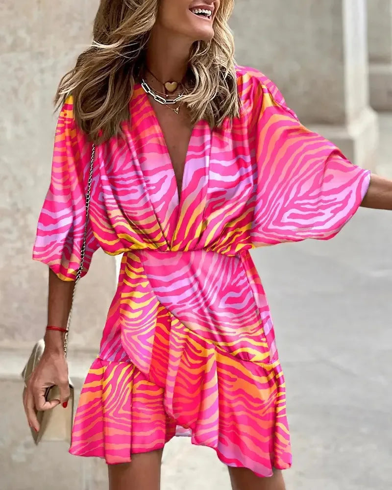 spring Irregular Mini Dress For Women Fashion Print Casual Bohemia Style Vacation Sundress Women's Bat Sleeve Ruffles Dresses