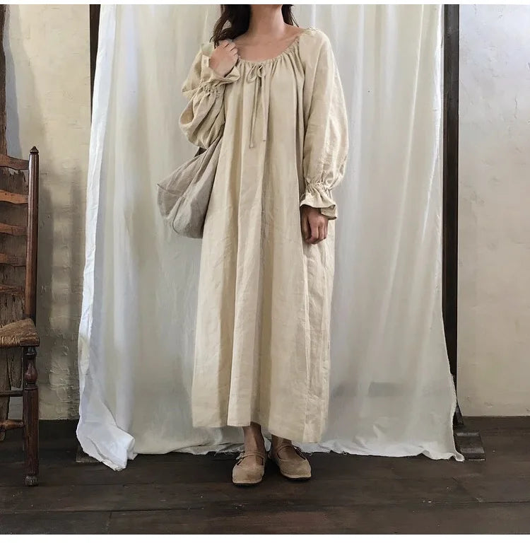 2025 New Spring Cotton Linen Dress for Women Solid Long Sleeve Drawstring Office Lady Elegant Maxi Dress
