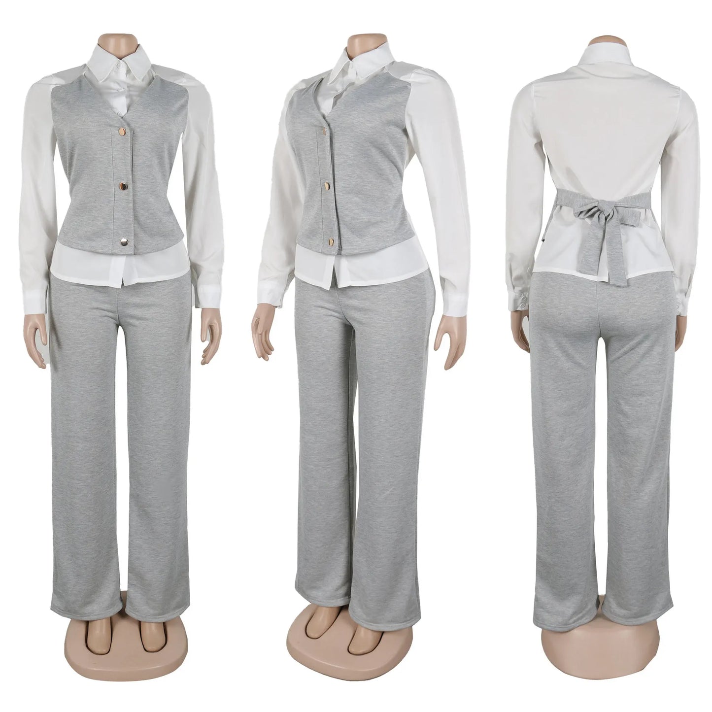 HLJ Elegant Lady Patchwork Shirts Two Piece Sets Women Lapel Long Sleeve Button Top And Pants Outfits Autumn OL 2pcs Clothing