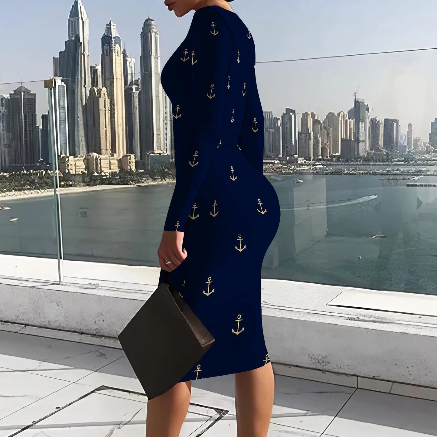Women's Spring Casual Dress Sexy Slim Pleated Long Sleeve Crew Neck Midi Dress Fashion Out Party Pencil Skirt