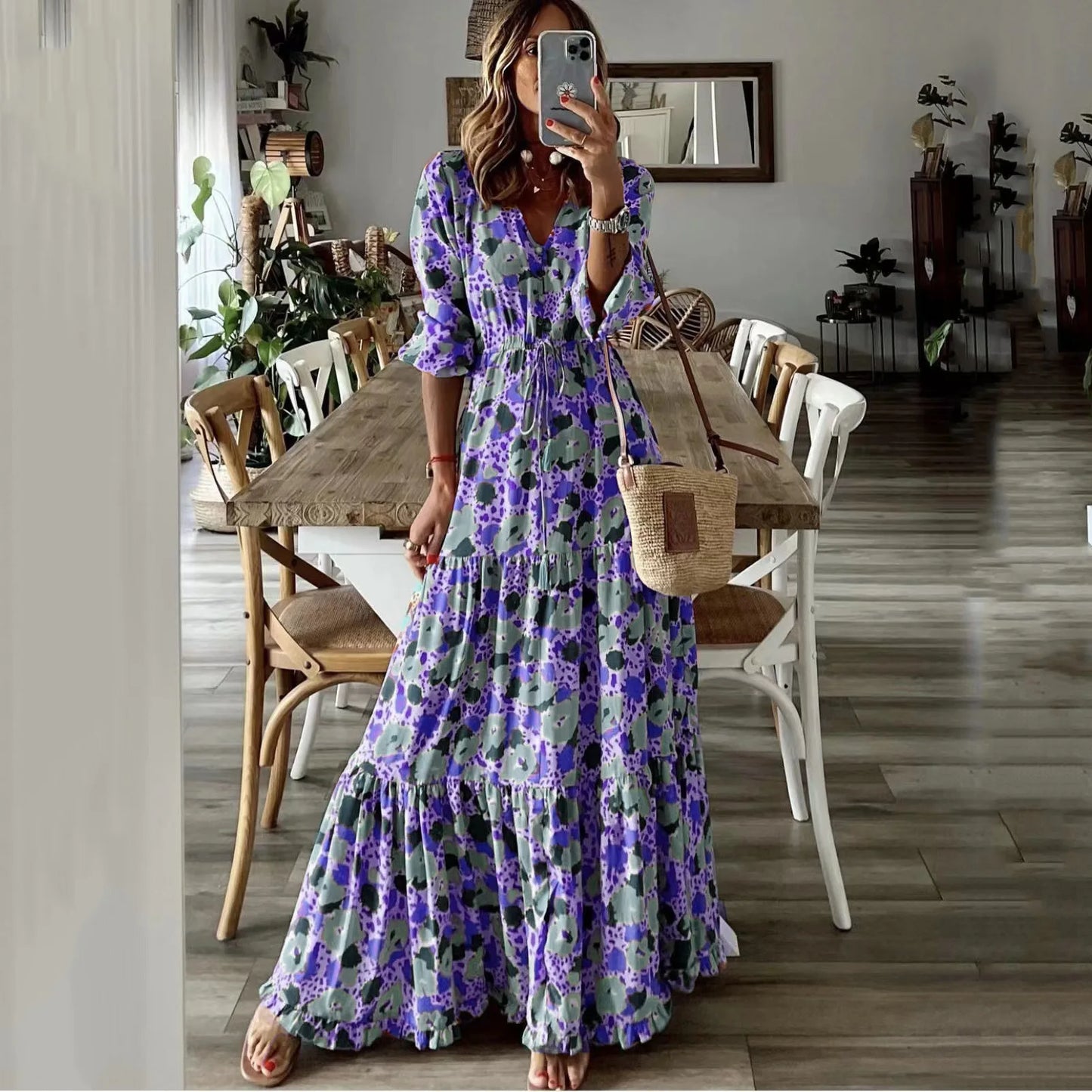 Spring Autumn Flower Print Long Dresses For Women Casual Holiday A-line Beach Dress Fashion Elegant Bohemian Style Maxi Vestidos