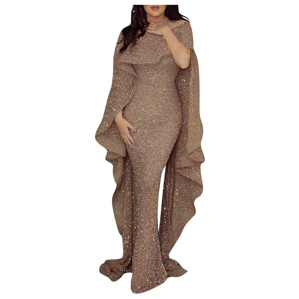 Women's Evening Party Dress Elegant Ladies Fashion Maxi Dress with Cloak Short Sleeve Sling Sequined Bodycon Dresses Vestidos XL