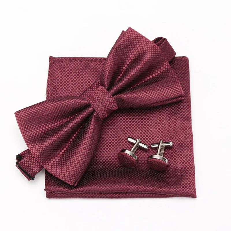 Multicolor Bowtie Pocket Square Cufflinks Sets Classic Solid Color Bowtie Wedding Party Formal Gift Plaids Adjust Neck Bow Tie