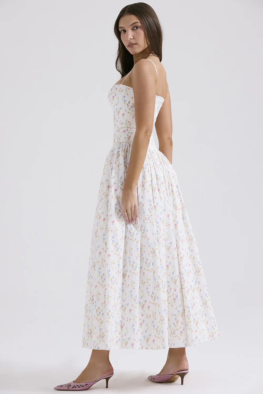 Spring Floral Print Chiffon Holiday Beach Dress Women Sexy V Neck Backless Sling Long Dress Summer Sleeveless Pleated Maxi Dress