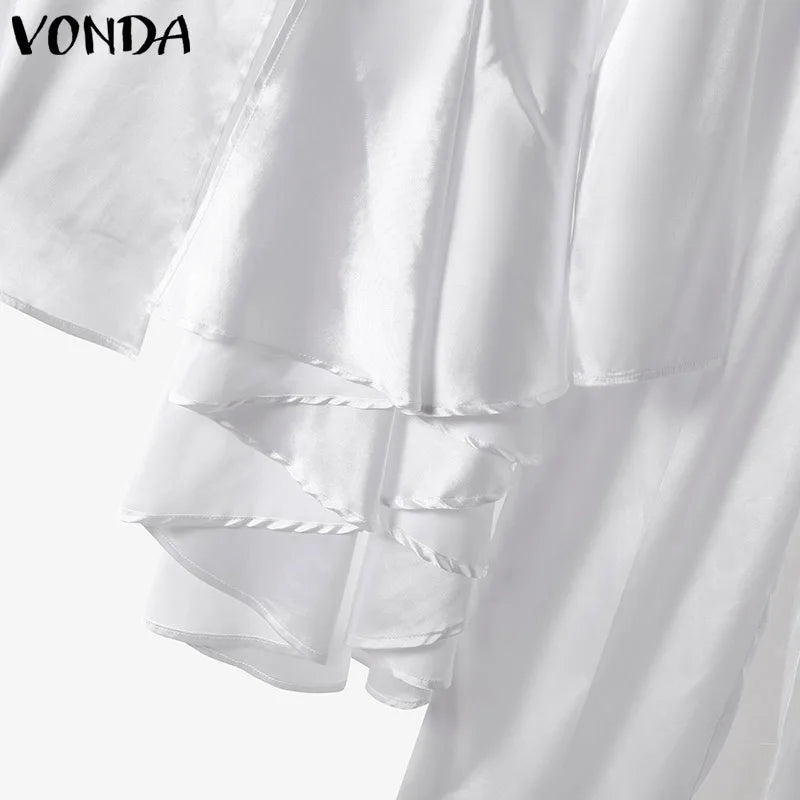 Plus Size VONDA 2024 Women Ruffled Sets Fashion Solid Color Suits Long Sleeve Irregular Top Patchwork Fitting Outfits 2pcs