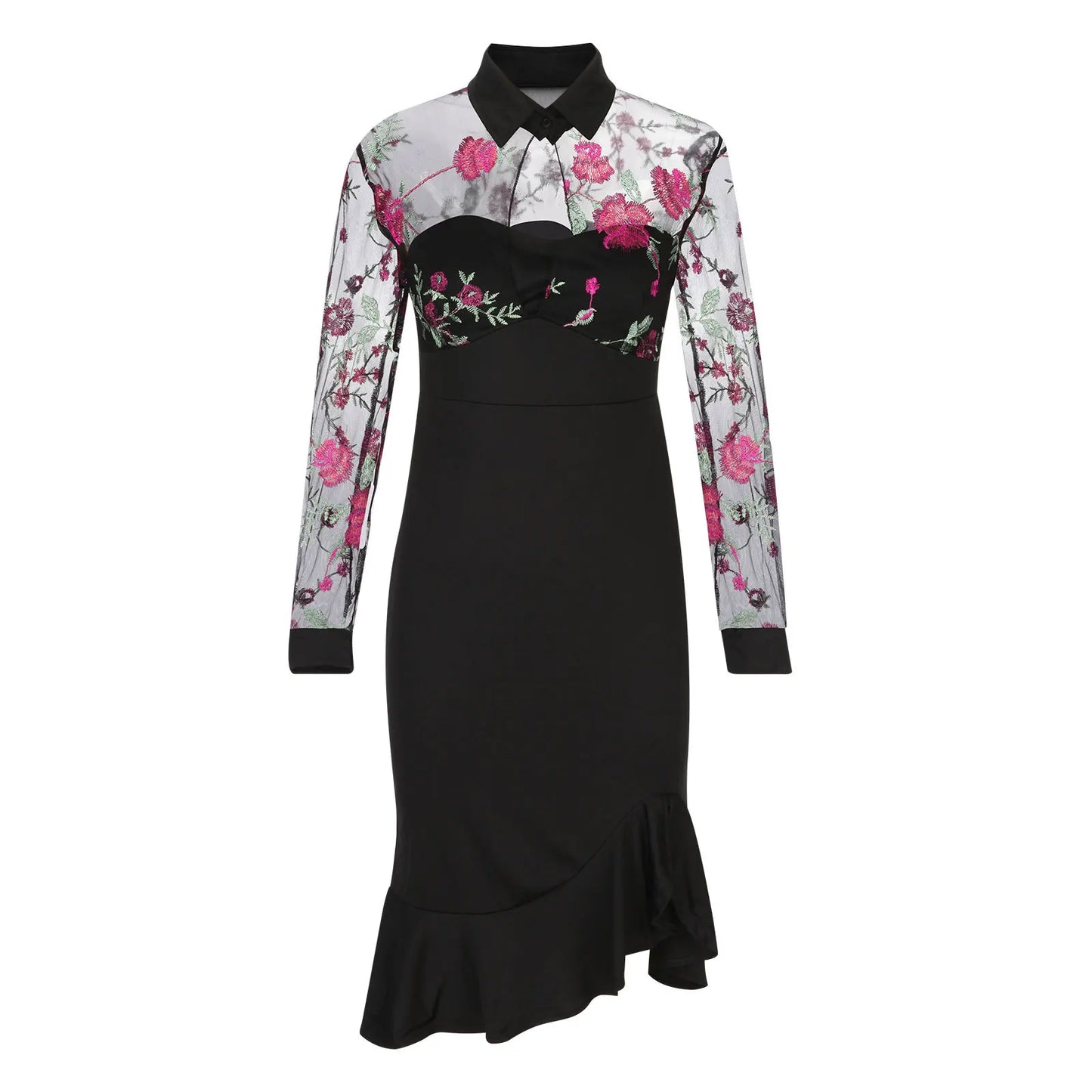 Spring Summer Sexy Mesh Ruffle Dress 2024 Wome Long Sleeve Irregularity Midi Dress Fashion Print Elegant Party Dresses
