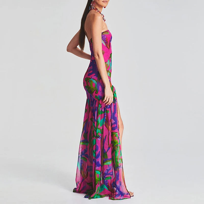 Women's Trendy Printed French Dresses Spring Sexy Strapless Split Hem Pleated Dress Summer Off Shoulder Backless Boho Long Dress
