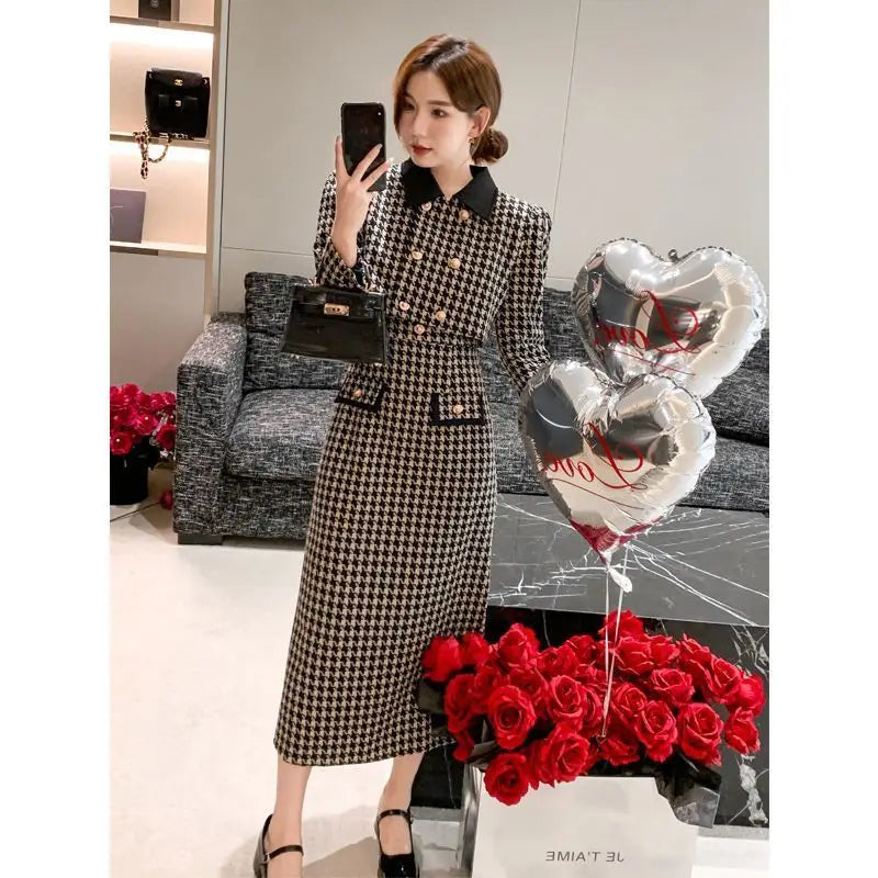 Spring Autumn New Dress Set Women Turn-down Collar Long Sleeve Button Patchwork Cardigan Elegant Slim All-match Slip Dresses