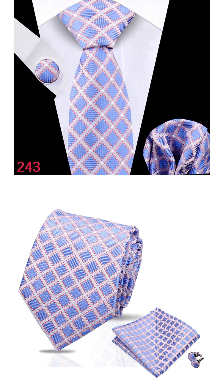Luxury Plaid Tie For Mens Necktie Handkerchief Pocket Square Cufflinks Set Jacquard Woven Ties Wedding Business Accessories