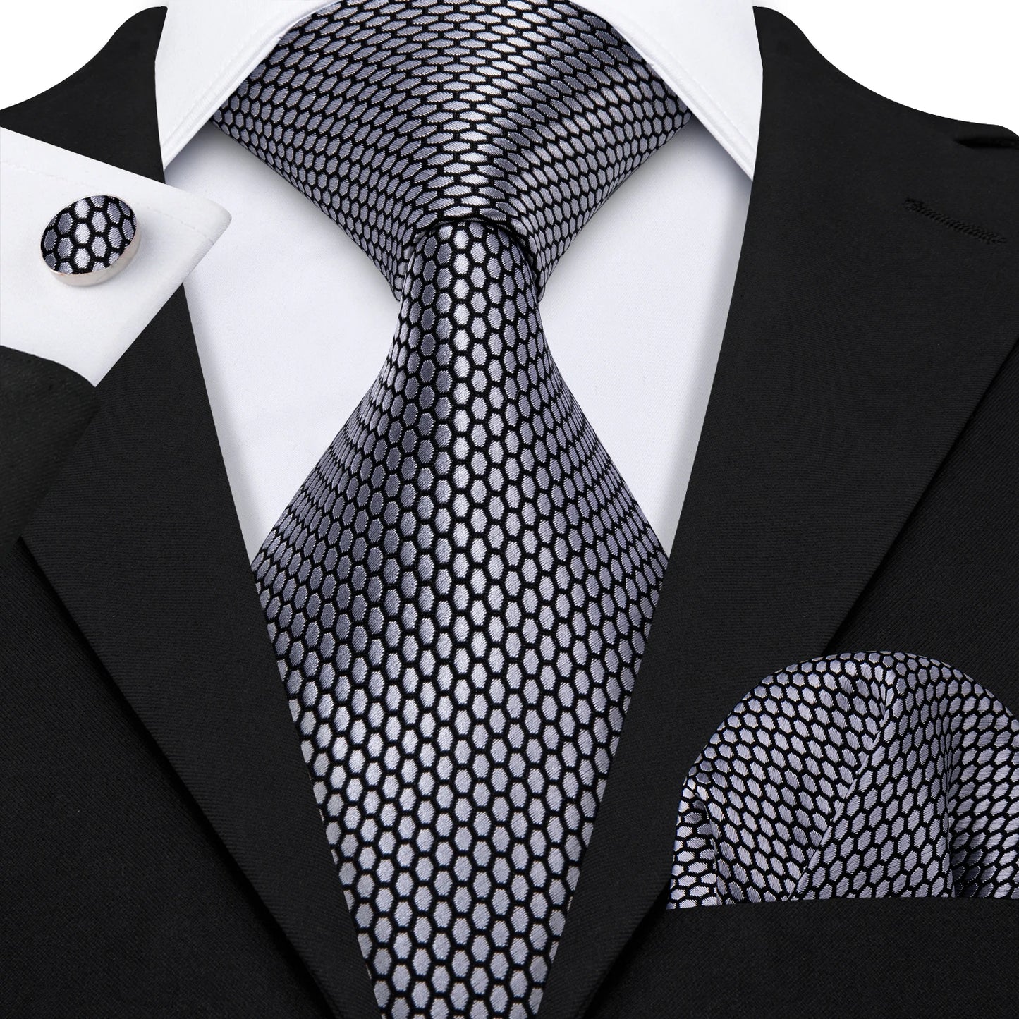 Barry.Wang Black White Gray Silver Silk Men Tie Handkerchief Cufflinks Set Jacquard Necktie for Male Wedding Business Party Gift