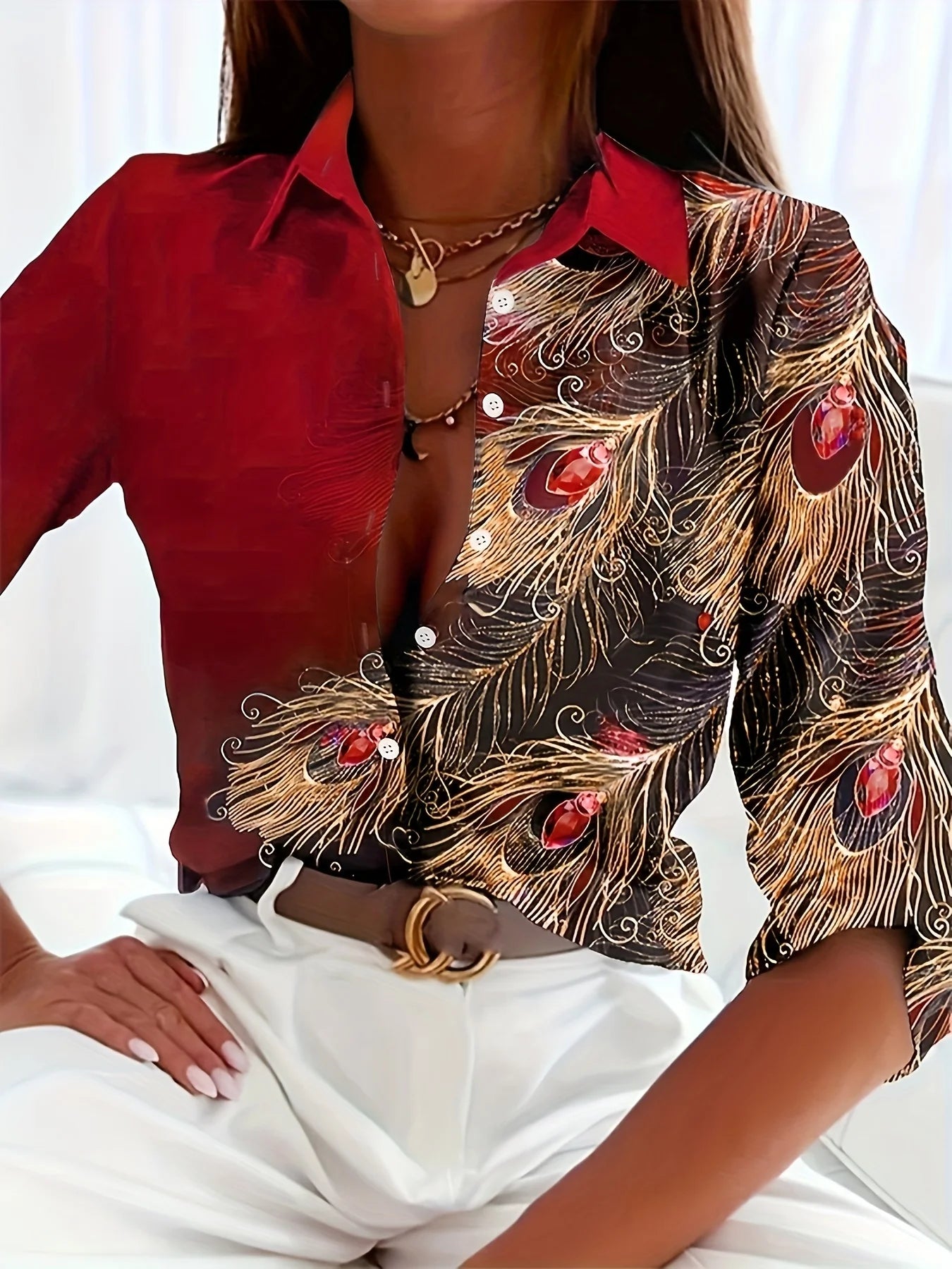 Peacock Print Casual Loose Women's Shirt 2023 Autumn Vintage Women's Oversized Shirts and Blouses Fashion Elegant Women's Tops