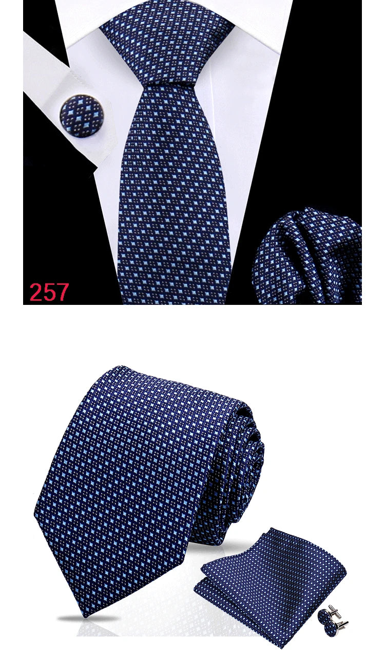 Luxury Plaid Tie For Mens Necktie Handkerchief Pocket Square Cufflinks Set Jacquard Woven Ties Wedding Business Accessories