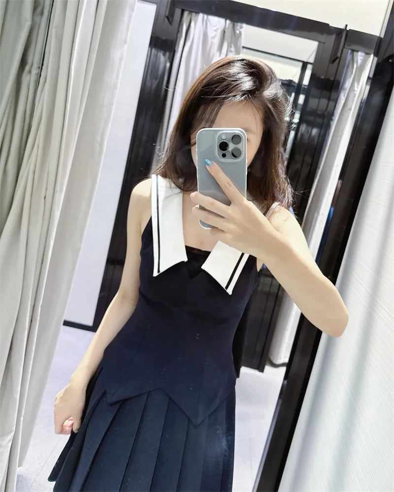 Women's Dresses New Summer 2025 Sailor Suit Style Wide Pleated Cropped Dress Fashionable Color-Blocking Sexy Cute Personality