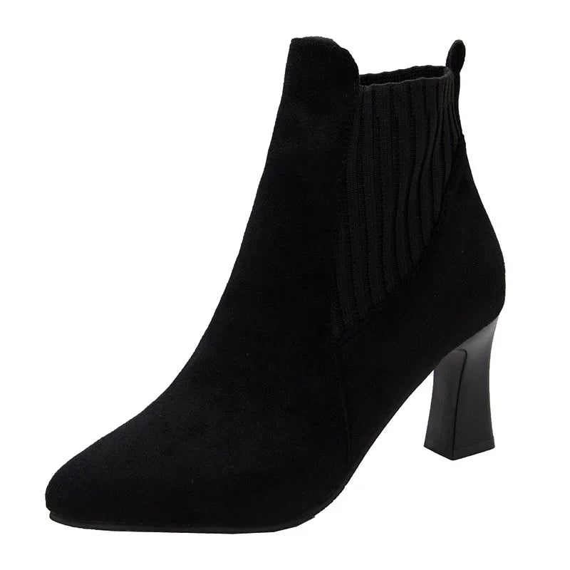 Ankle Boots Women 2024 Autumn Pointed Toe Knitted Warm Elastic Women's Shoes Casual High Heels Platform Boots Botas De Mujer