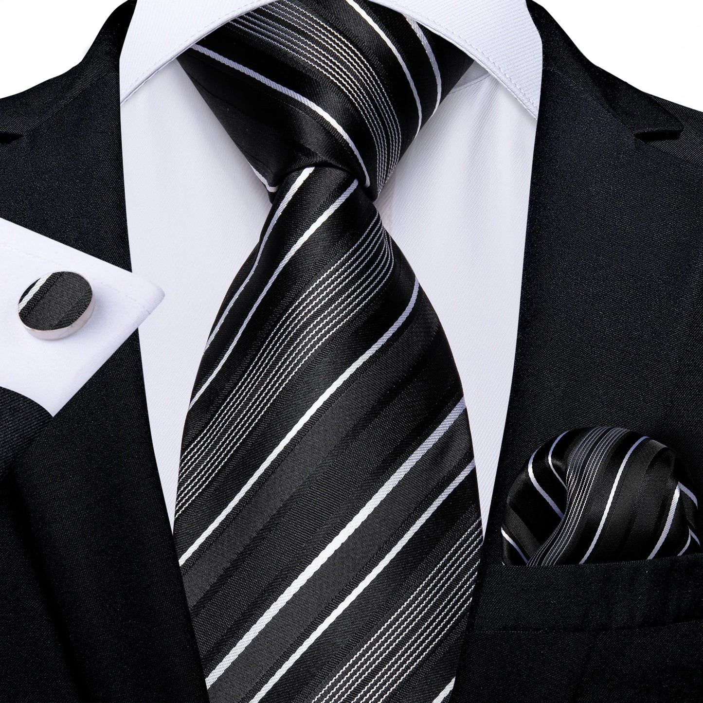 Men's Black Ties Handkerchief Cufflinks Business Formal Floral Striped Solid 8cm Necktie Gift for Husband Wedding Accessories