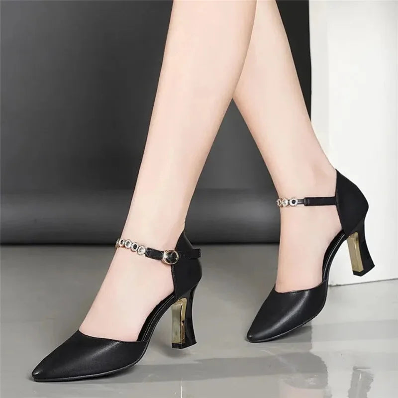 Women Cute Pointed Toe Black Buckle Strap High Heel Shoes Lady Casual Red Comfort Summer Stiletto Heels for Office & Party G6006