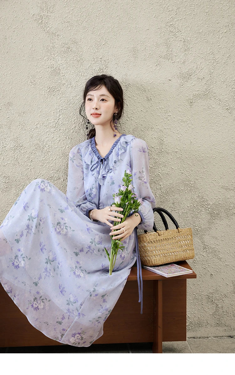 MISHOW Print Spring Summer Dress for Women New 2025 Ruffled V-neck Long Sleeve Blue French Dresses Female Fashion MXE15L2139