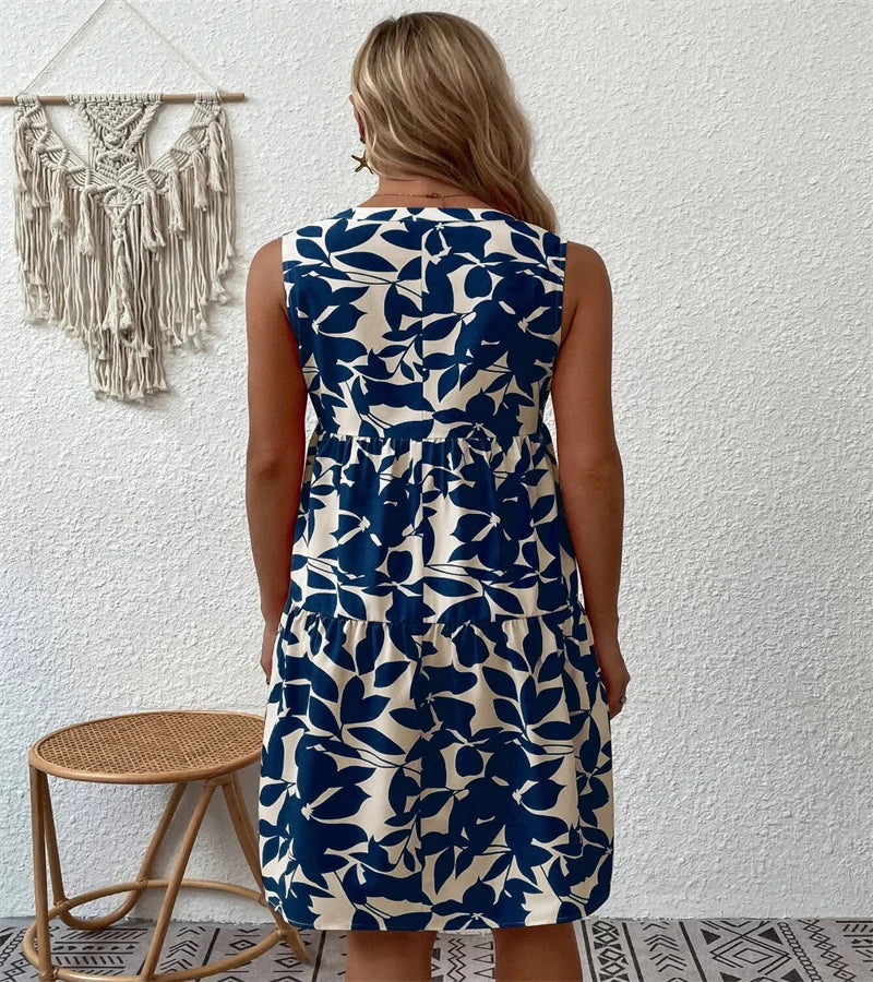 Spring and summer 2024 European and n Ladies Elegant Dress Bohemian fashion loose V-neck ruffle print dress