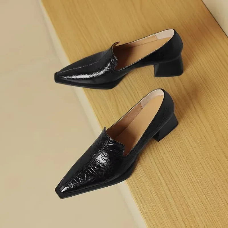 2025 Sapatos Femininas Women Light Weight European Stylish Elegant Black Square Heel Shoes Lady Casual Office Party Shoes