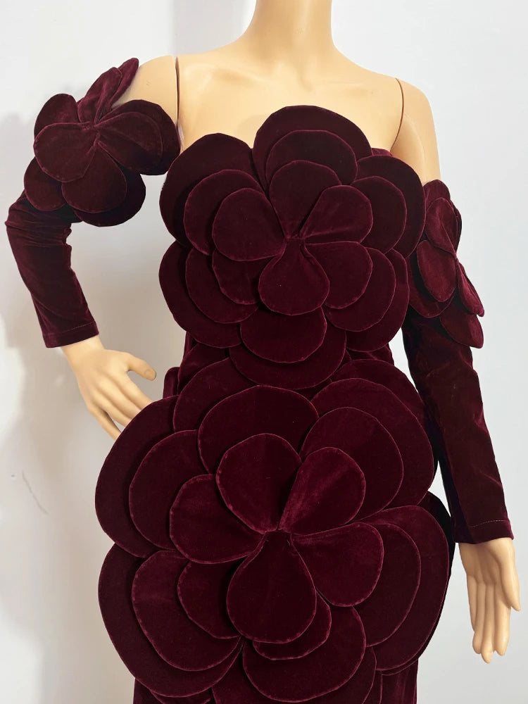 Solid Slimming Fashion Dresses for Women Strapless Sleeveless Patchwork 3D Flower Elegant Dress Female Clothing New