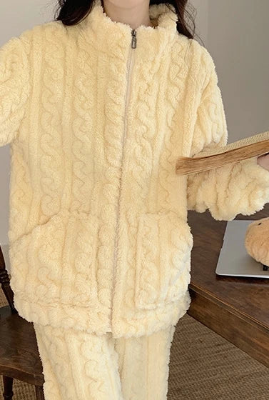 Thickened Warm 2Pcs Pajamas Set Jacquard Textured Stand Collar Zip Up Fuzzy Teddy Top & Pants Set Striped Nightwear Loungewear