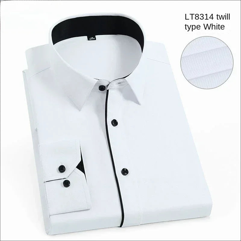 Spring and Autumn Men Dress Shirt Long Sleeve Trim Business Casual Solid Color Shirt Slim Fit White Base Layer Shirt for Male