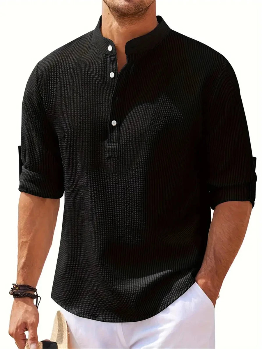 Men's Spring Shirts Solid Color Casual Henry Neck Long Sleeve Outdoor Simple Male Waffle top Thin Button Tops
