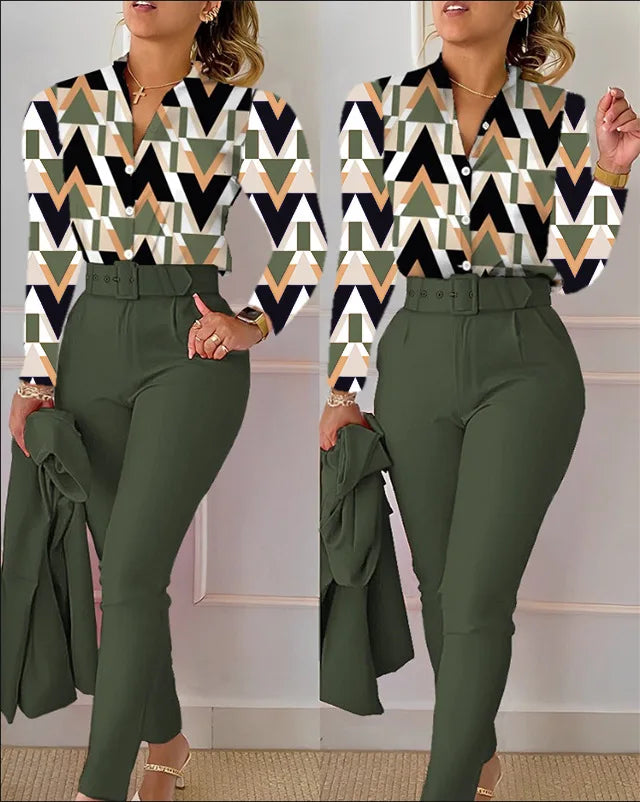 Women's Elegant Autumn/Winter Printed V-Neck Long Sleeve Button Shirt Top Fashion Solid Color Long Pants 2 Piece Set With Belt