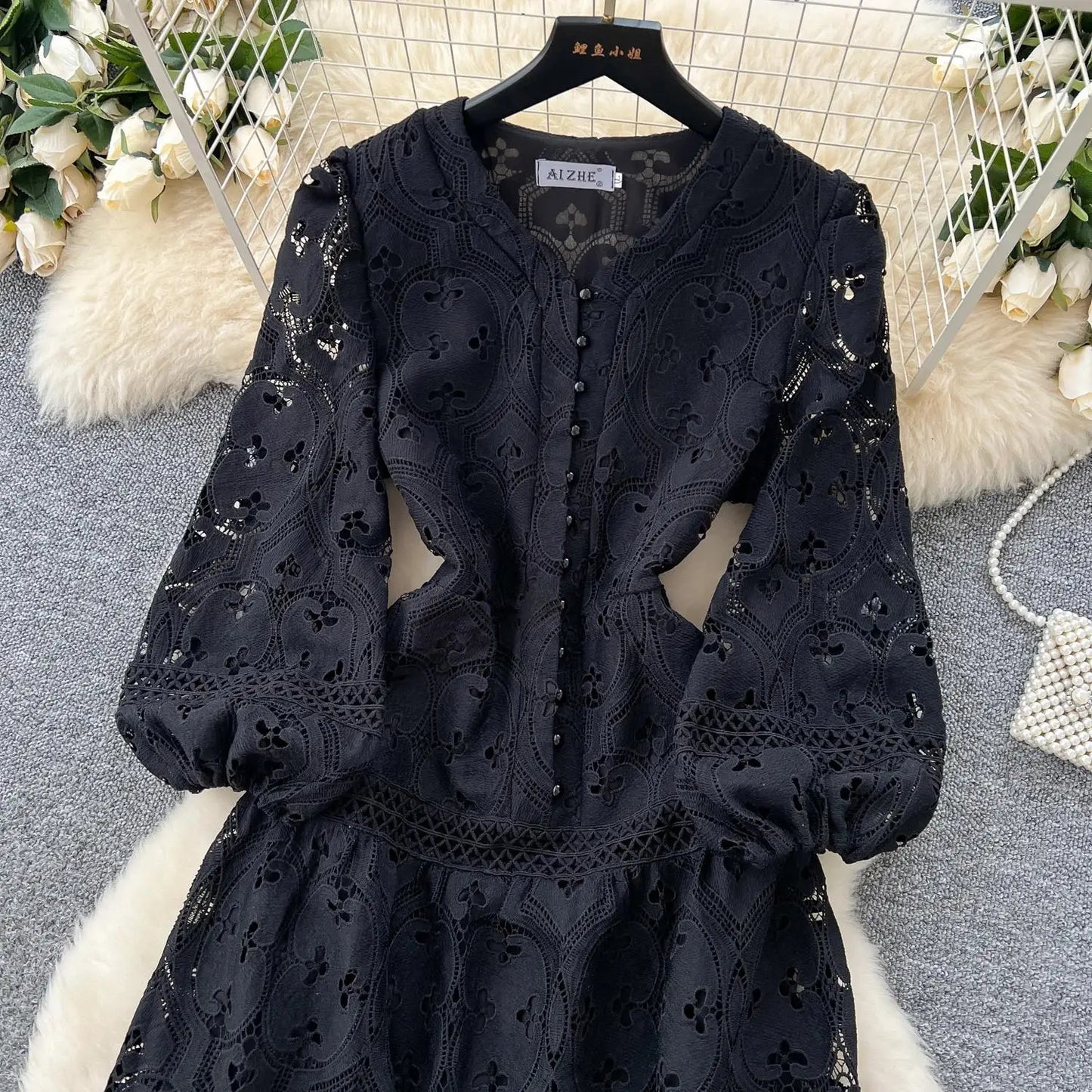 Spring French Vacation Fashion Dress Women Buttons Hook Flower Hollow Out Design 2025 High Quality Lace Ruffles Long Dress