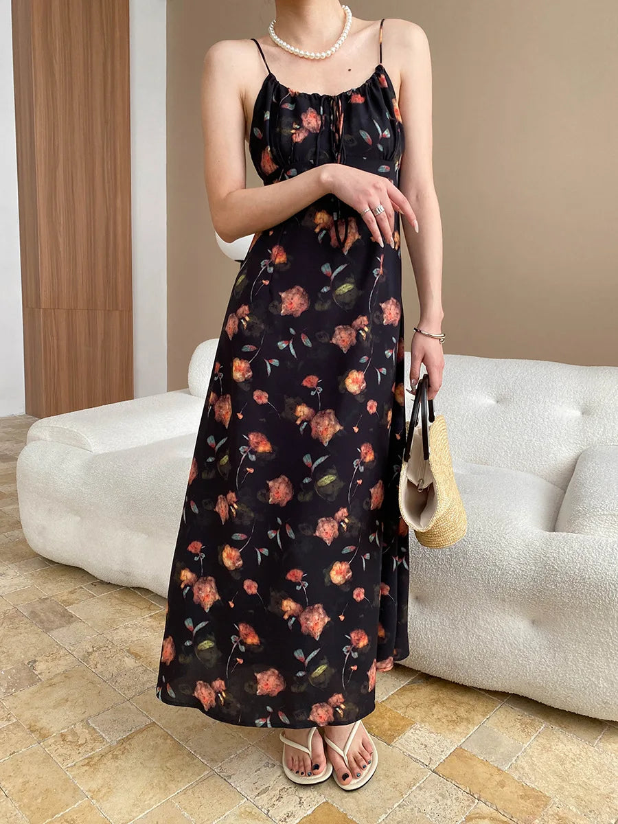 Spring and summer women's casual flower print slim fit suspender dress