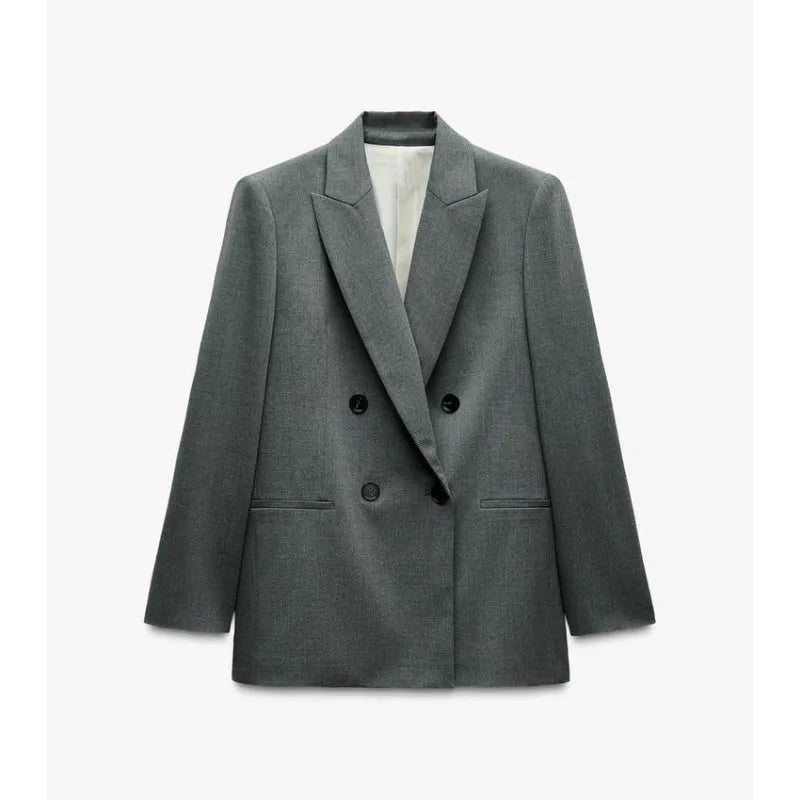 ETJ 2025 Women's Spring New suit Set with shoulder padded double-breasted blazer & high-waisted pleated wide-legged pants